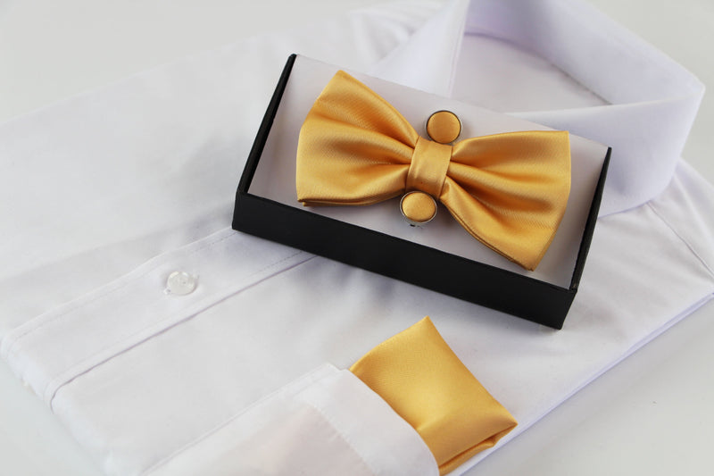 Mens Light Orange Matching Bow Tie, Pocket Square & Cuff Links Set