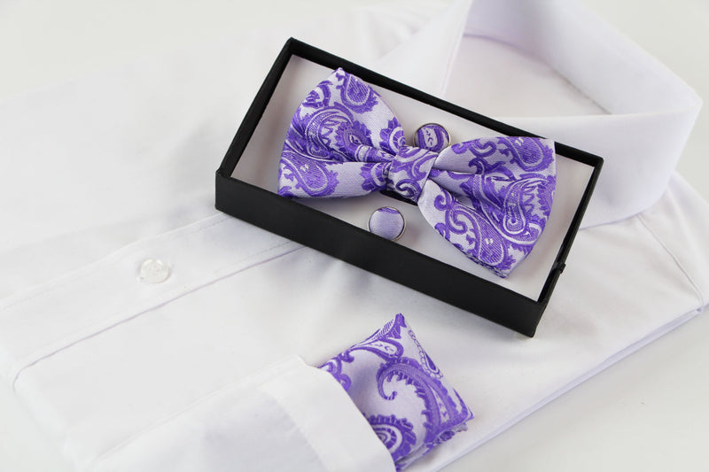 Mens Purple Paisley Matching Bow Tie, Pocket Square & Cuff Links Set