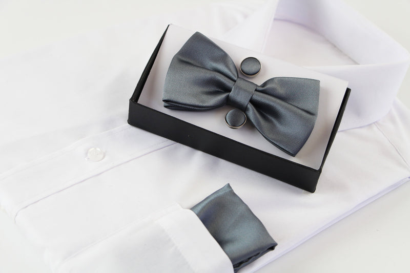 Mens Gunmetal Matching Bow Tie, Pocket Square & Cuff Links Set