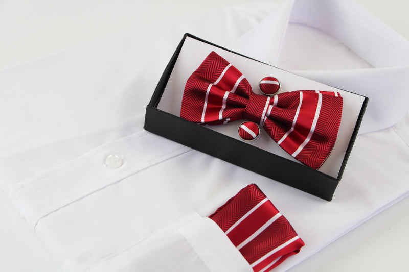 Mens Red Textured Stripe Bow Tie, Pocket Square & Cuff Links Set
