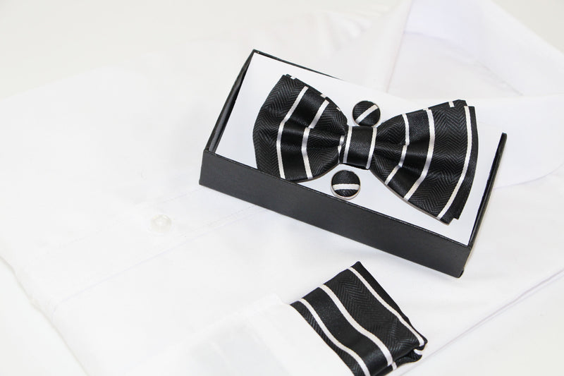 Mens Black Textured Stripe Matching Bow Tie, Pocket Square & Cuff Links Set