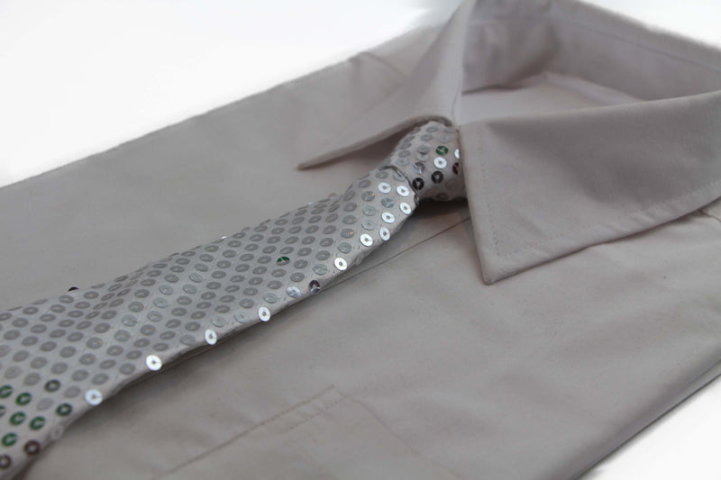 Teen Boys Kids White Silver Sequin Elastic Neck Tie