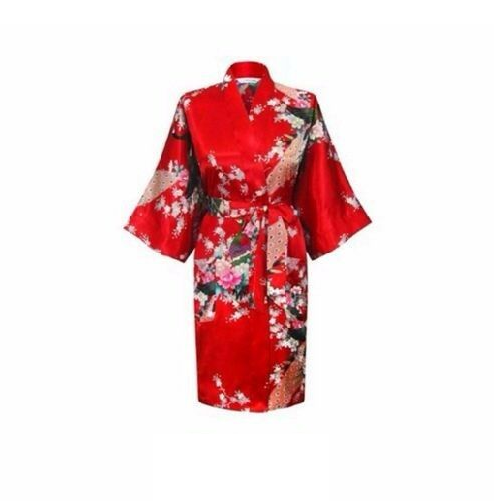 Bride Bridesmaid Gown Robe Satin Kimono Short Floral Bridal Wedding Red