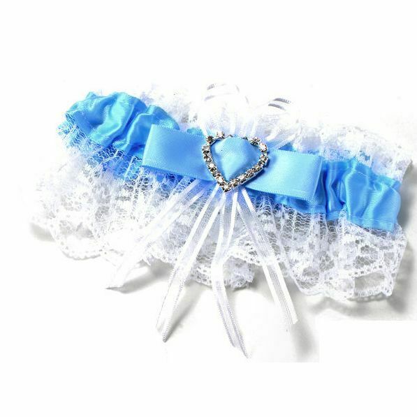 Bridal Wedding Garter Satin Blue Diamante Bow Heart Throw Keep Lace