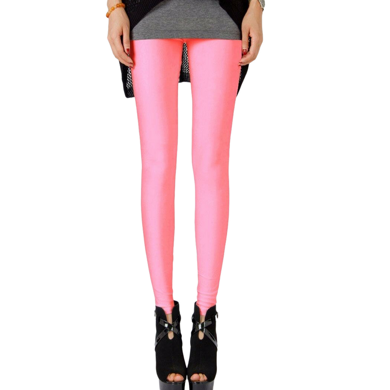 Womens Shiny Neon Leggings Fluro Stretch Metallic Pants Black Pink Dance Yoga