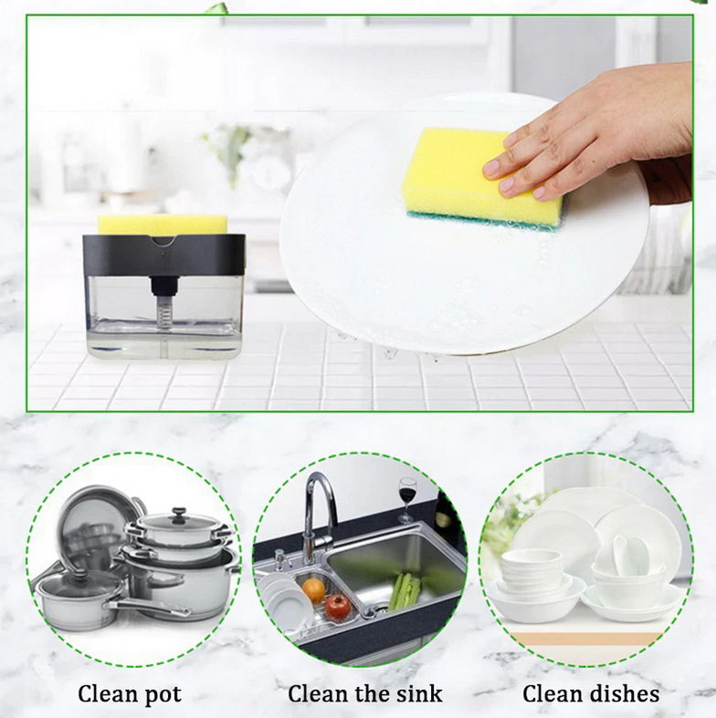 Soap Pump & Sponge Caddy - Kitchen Sponge Holder Tray Push Down Soapy Clean
