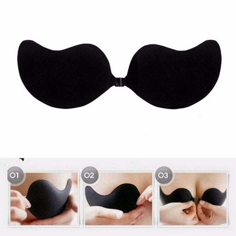 Womens Self Adhesive Nude Black Thick Lycra Push Up Strapless Bra Winged Fillets