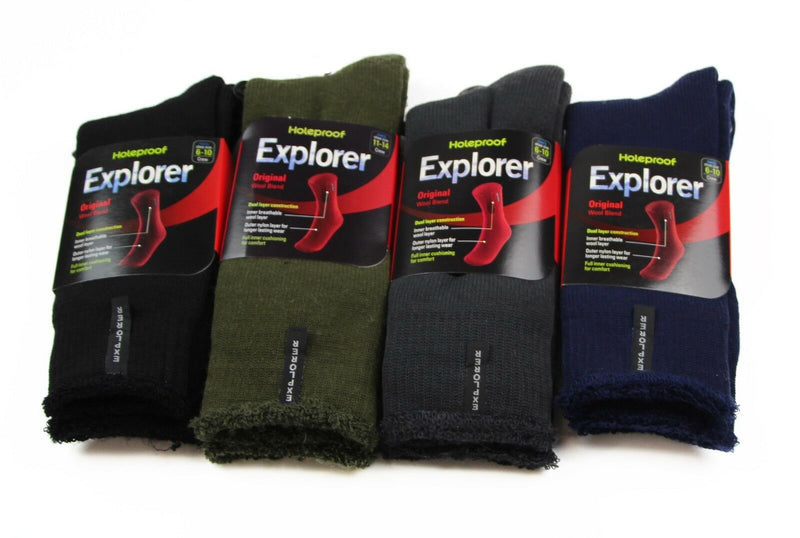 6 Pairs Mens Original Holeproof Explorer Wool Blend Socks Black Navy Hiking Work