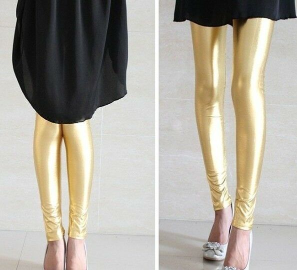 Metallic Leggings Shiny Neon Stretch Sexy Party Costume Fancy Dress Silver Gold