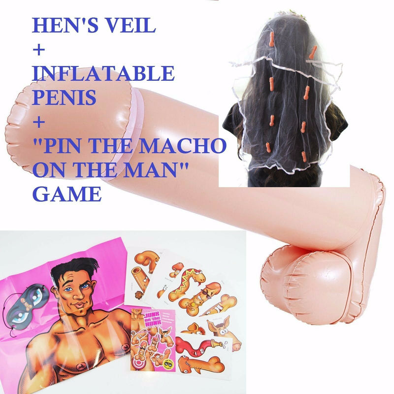 Hens Night Pack: Veil Headband + Inflatable Penis + Pin The Macho On The Man