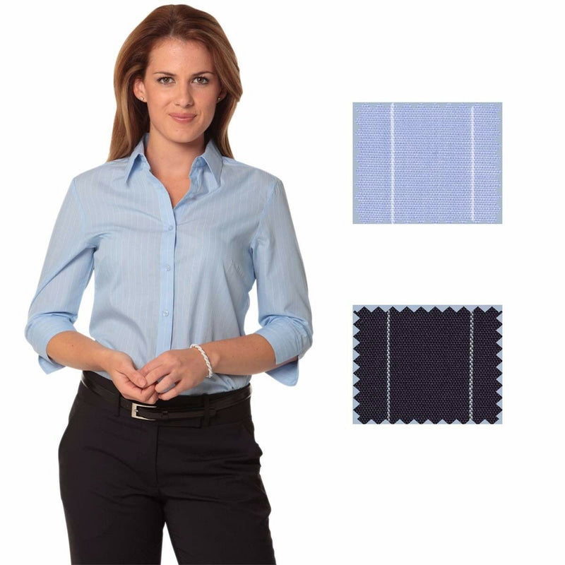 New Womens Ladies Pin Stripe 3/4 Sleeve Business Work Dress Formal Cotton Shirt