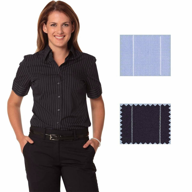 New Womens Ladies Pin Stripe Short Sleeve Business Work Dress Formal Shirt