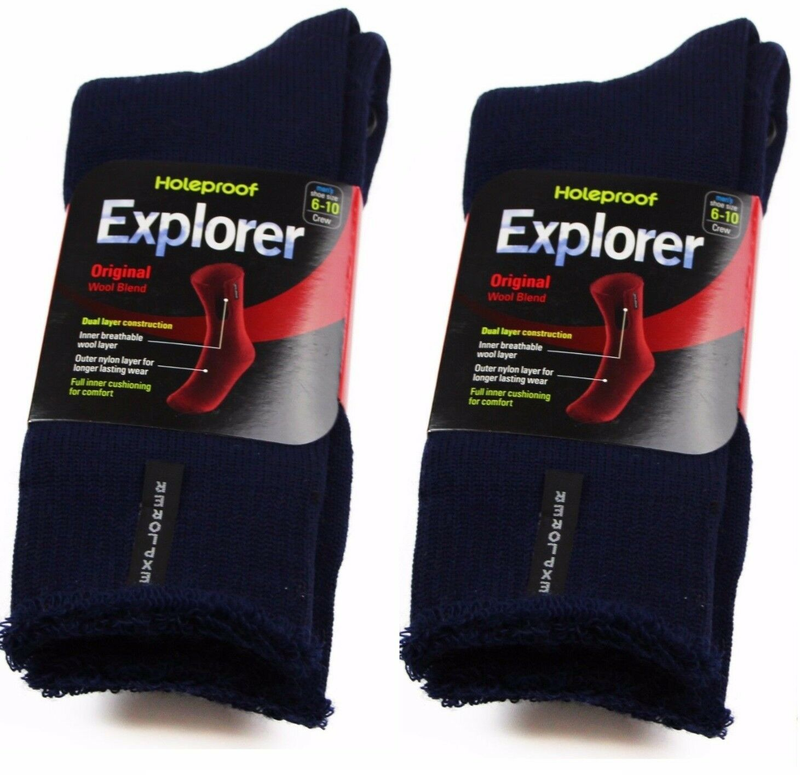 2 Pairs Mens Original Holeproof Explorer Wool Blend Work Hiking Socks Black Navy