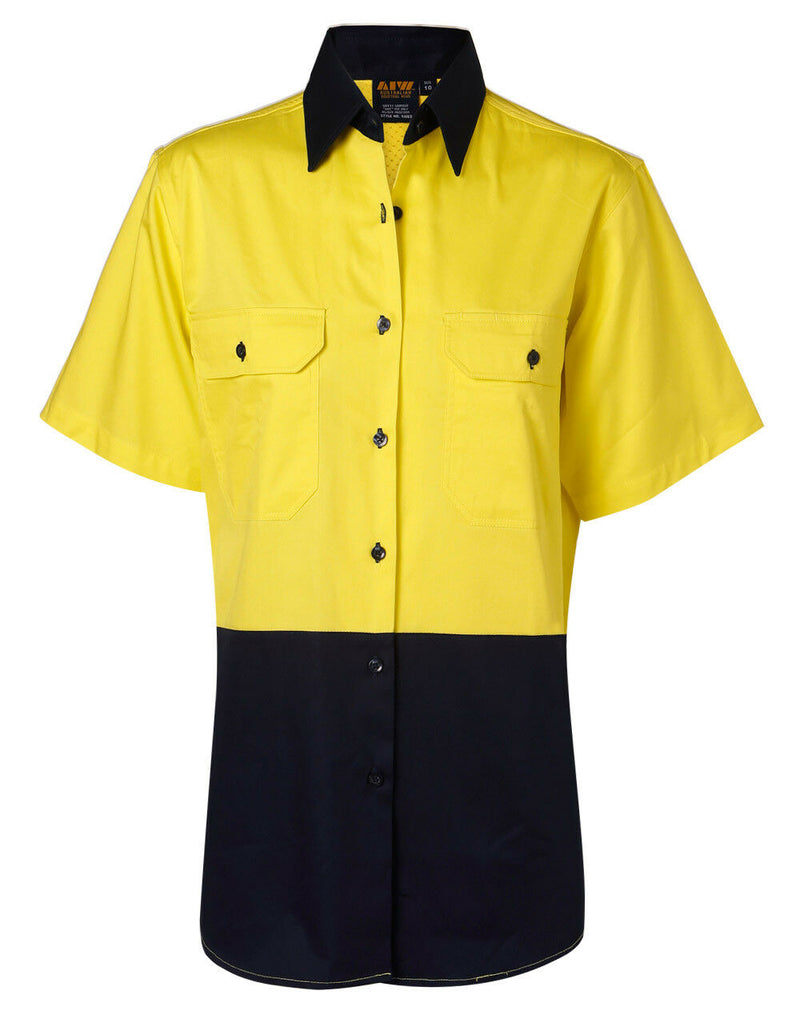 New Womens Short Sleeve Safety Shirt Two Tone Navy Yellow Button Up Organizer