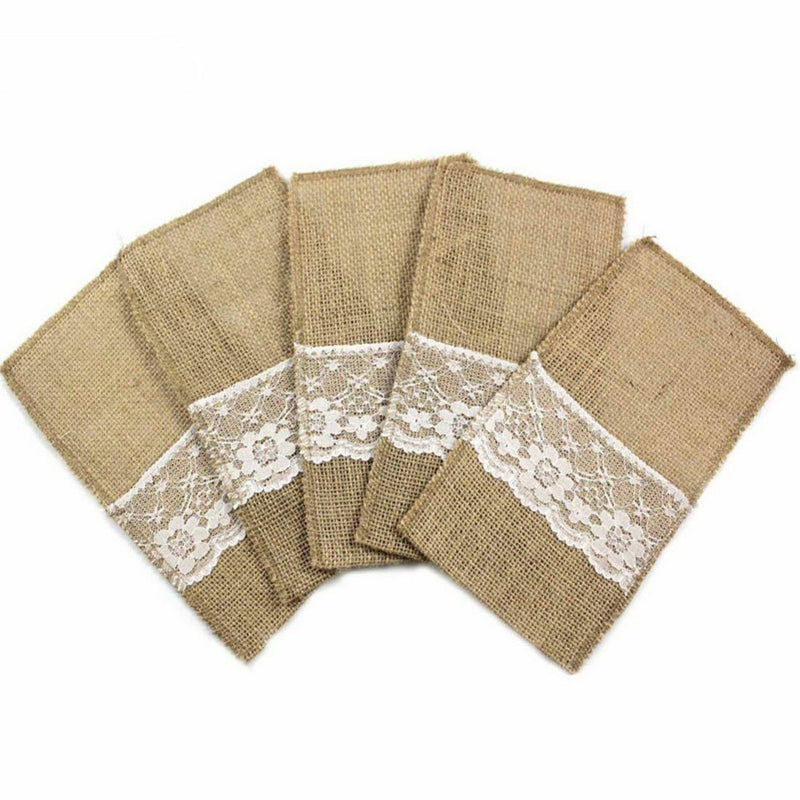 1 x Hessian Burlap Cutlery Holder Lace Rustic Wedding Party Table