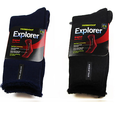 Mens Original Holeproof Explorer Wool Blend Socks Black Outdoor Hiking Work Size