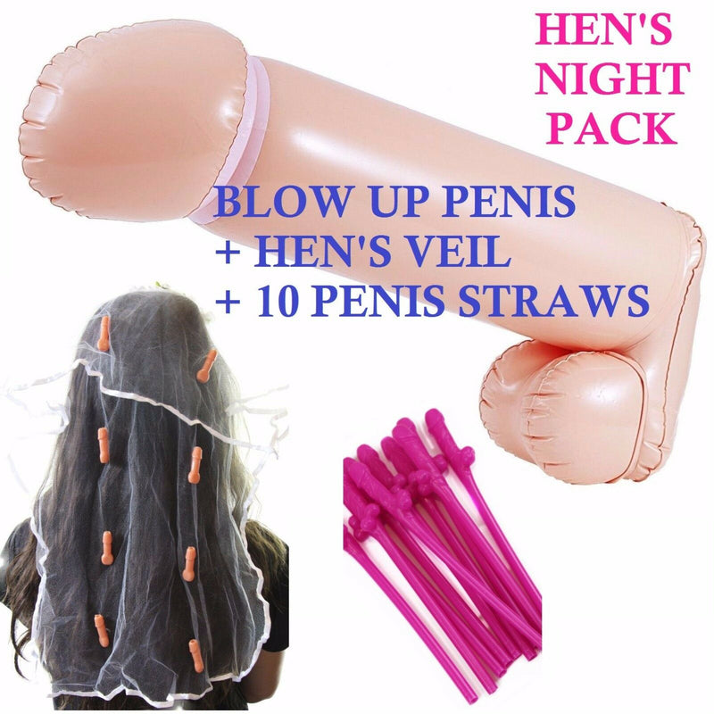 Hens Night Pack Party: Blow Up 90cm Penis + Hen's Veil Headband + 10 Dick Straws