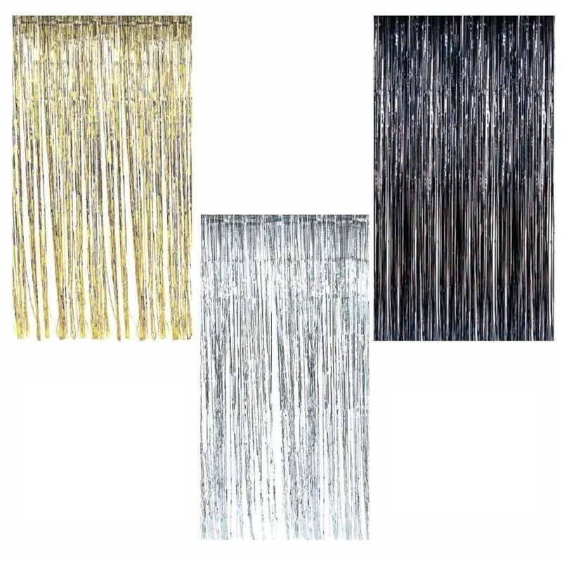 2m Metallic Tinsel Door Curtain Backdrop Foil Kids Party Shiny Black Gold Silver