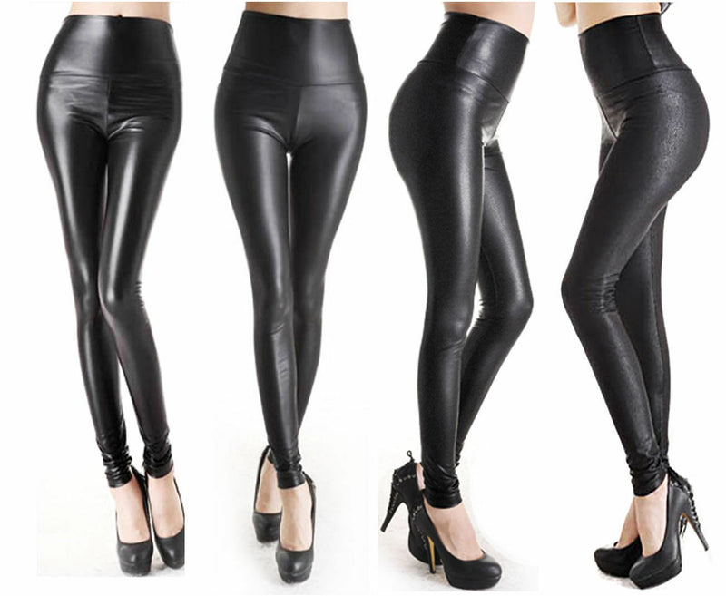 Womens Faux Leather Leggings Black High Waist Pants Legging - 4 Styles Xs S M L