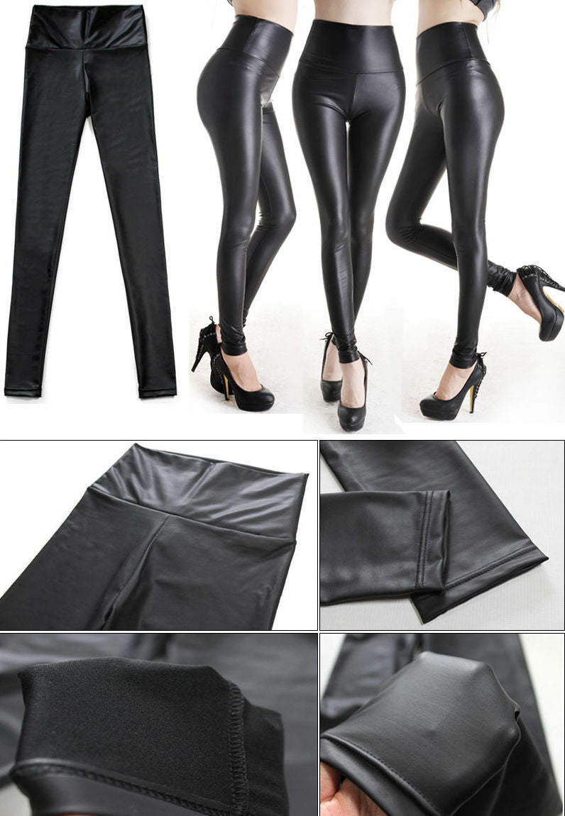 Womens Faux Leather Leggings Black High Waist Pants Legging - 4 Styles Xs S M L