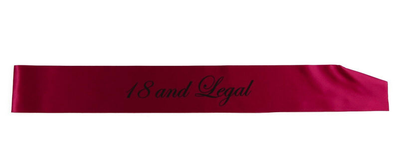 18TH BIRTHDAY SASH - 18 AND LEGAL - White Black Light Pink Purple Gold PARTY