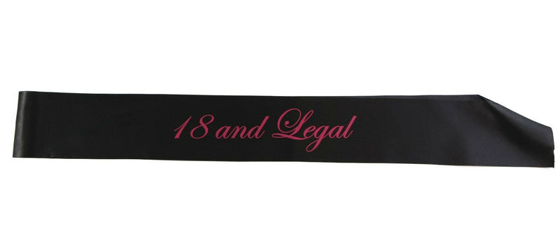 18TH BIRTHDAY SASH - 18 AND LEGAL - White Black Light Pink Purple Gold PARTY