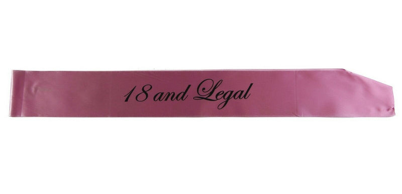 18TH BIRTHDAY SASH - 18 AND LEGAL - White Black Light Pink Purple Gold PARTY