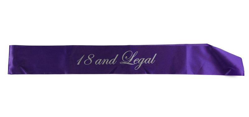 18TH BIRTHDAY SASH - 18 AND LEGAL - White Black Light Pink Purple Gold PARTY