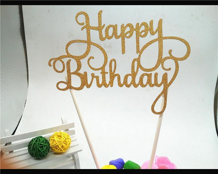 Happy Birthday Cake Topper Black Gold Silver Glitter Party Decorations Event