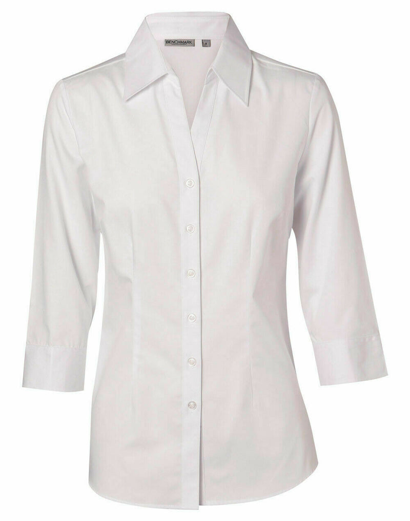 Ladies Womens Cotton Polyester Stretch 3/4 Sleeve Business Work Shirt White 14