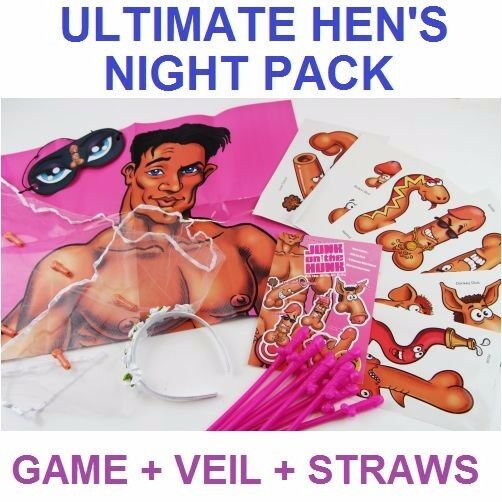 Hens Night Pack: Penis Veil Headband + 20 Dick Straws + Pin The Macho On The Man