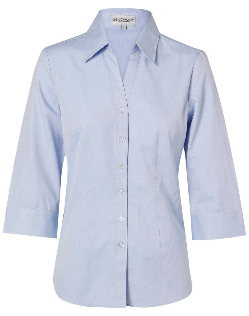 New Ladies Womens Cvc Oxford Shirt 3/4 Sleeve Work Suit Dressy Tailored Blue