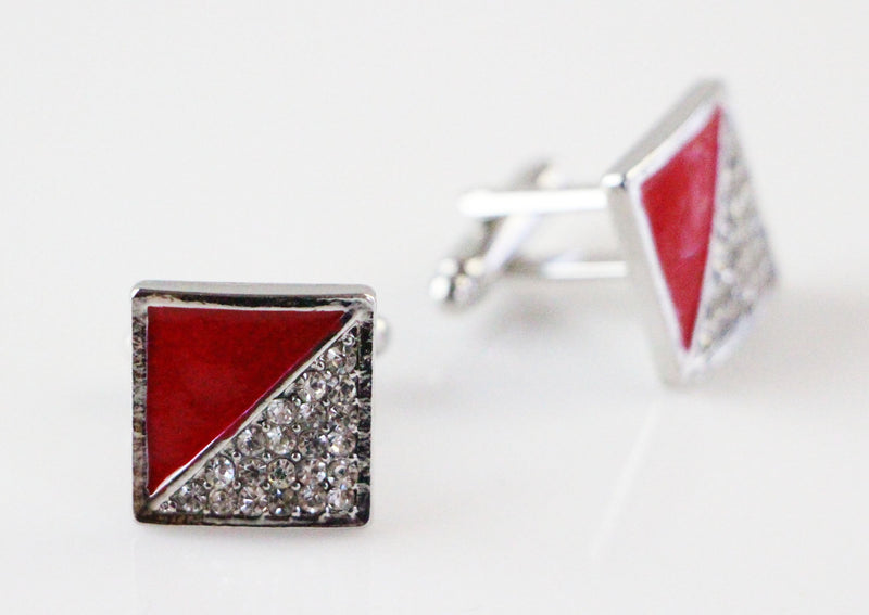 Mens Silver And Red Square Diamante Cufflinks