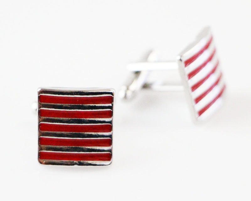 Mens Red And Silver Striped Square Cufflinks
