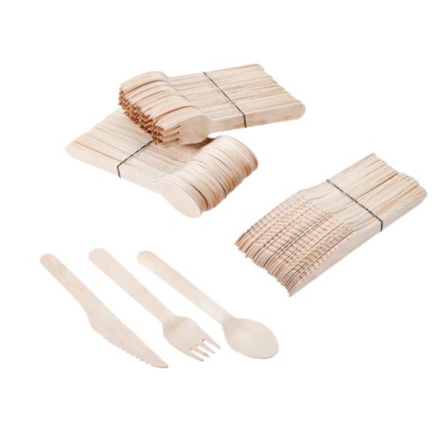 Wooden Cutlery Sets Disposable Bamboo Wood Bulk Buy Forks Spoons Knives 300Pc