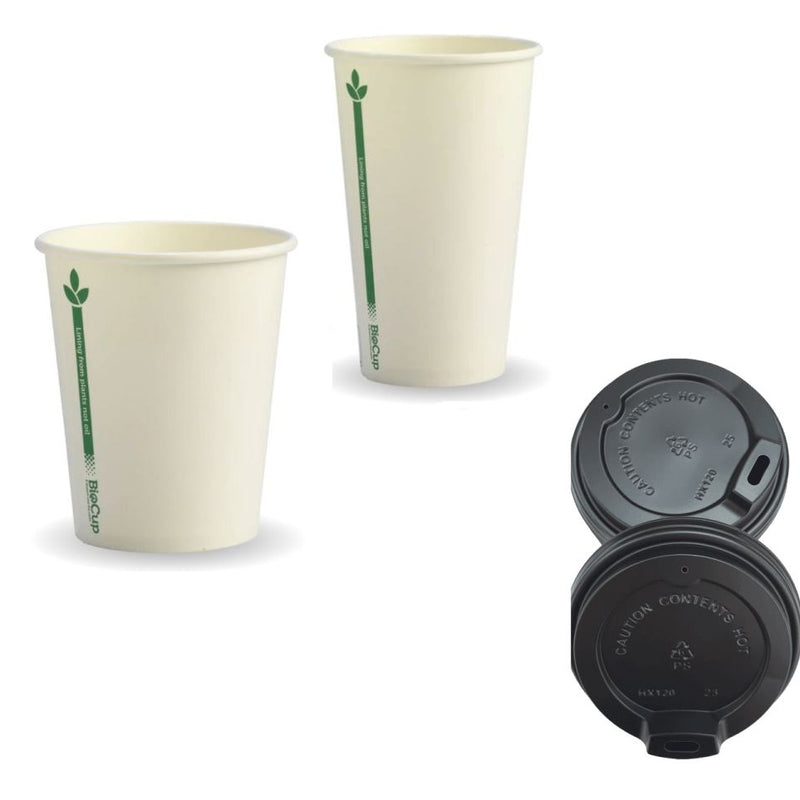 200 Cups + 200 Lids Disposable Biocup Coffee 280Ml/350Ml Bulk Paper Takeaway