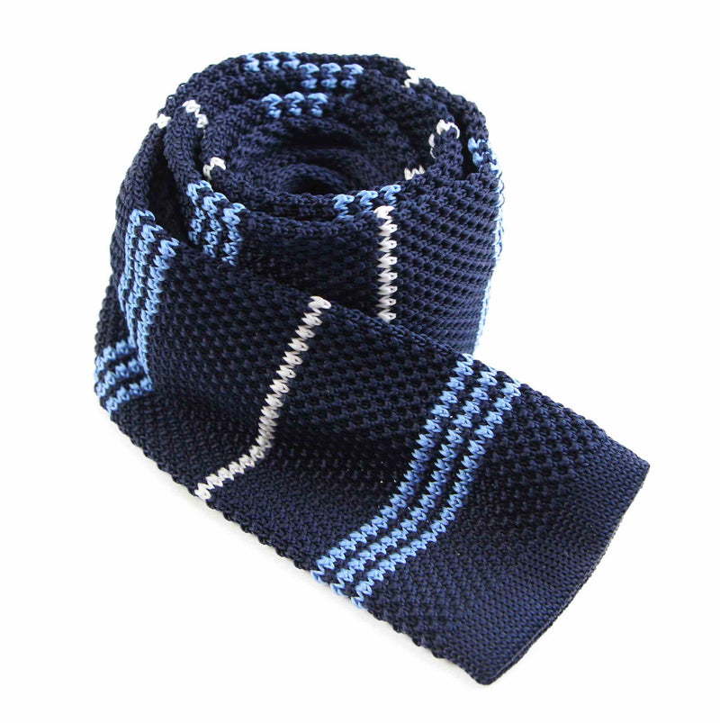 Mens Knitted Navy, White, Light Blue Striped Patterned Neck Tie