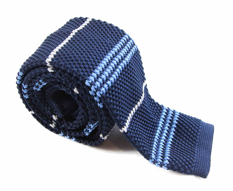 Mens Knitted Navy, White, Light Blue Striped Patterned Neck Tie
