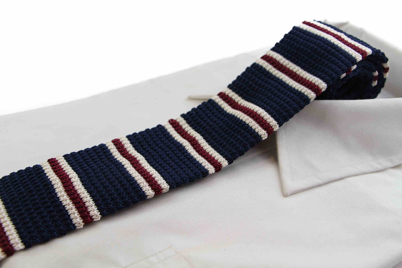 Knitted Navy, Latte & Maroon Striped Patterned Neck Tie
