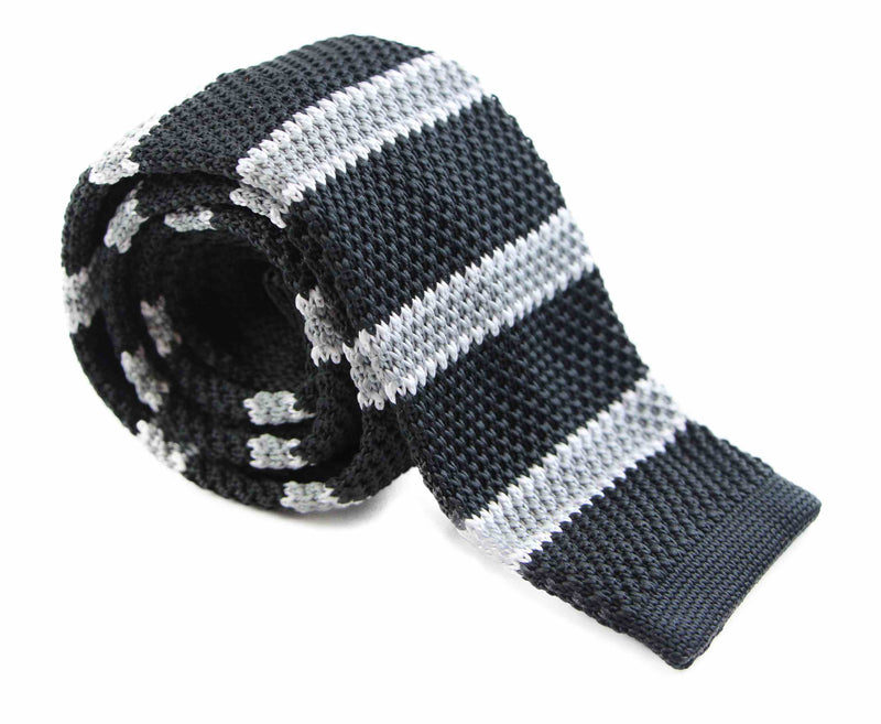 Knitted Black, Grey & White Striped Patterned Neck Tie