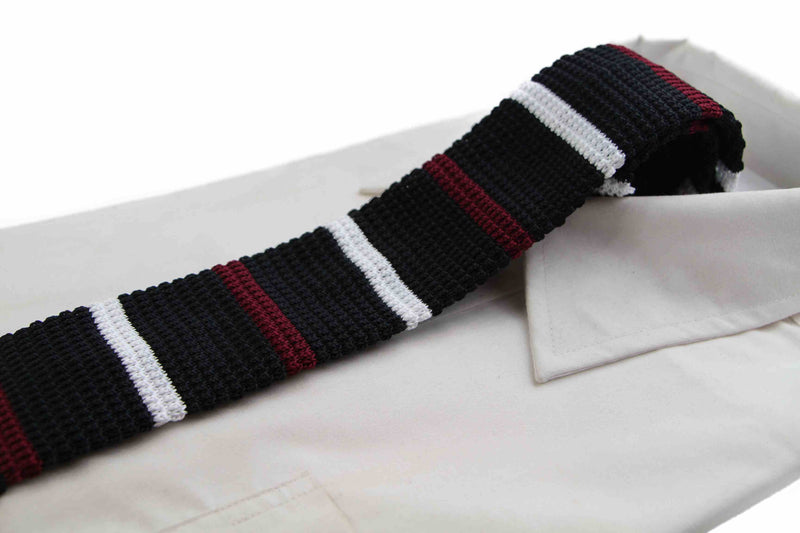 Knitted Black, White & Maroon Striped Patterned Neck Tie