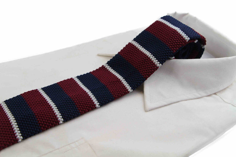 Knitted Thick Maroon, Navy & Grey Striped Patterned Neck Tie