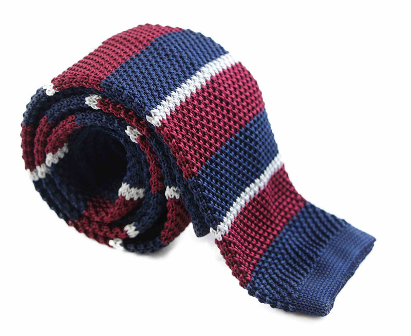 Knitted Thick Maroon, Navy & Grey Striped Patterned Neck Tie