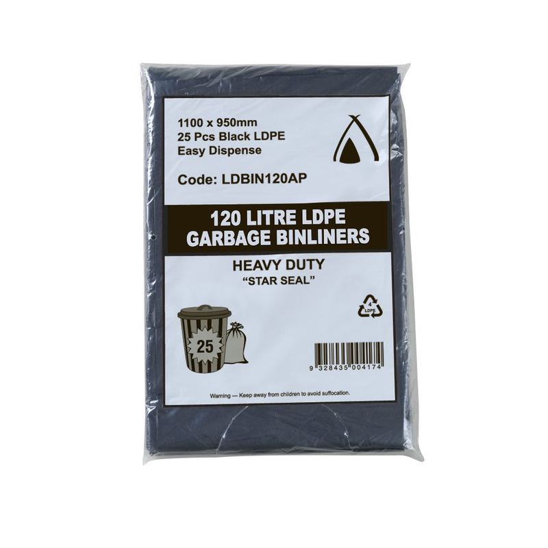 25 Pcs X 120L Black Garbage Ldpe Heavy Duty Bin Liners All Purpose Bags