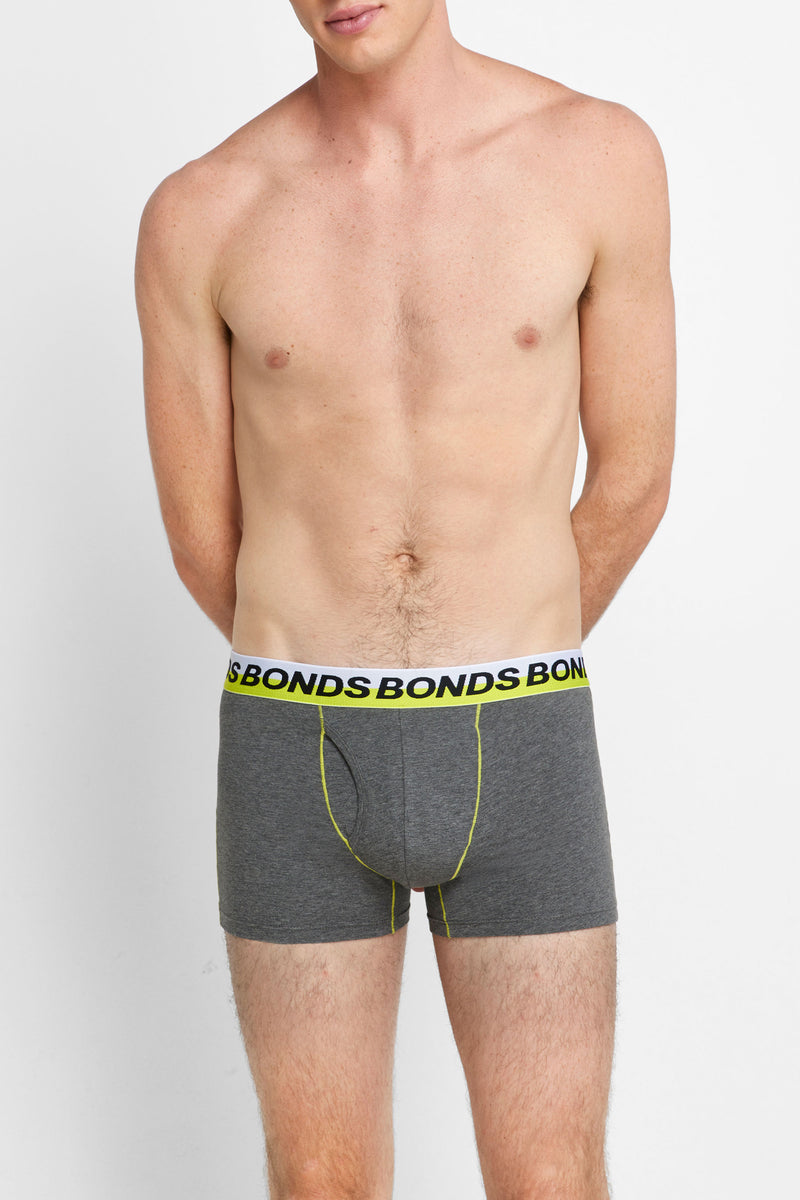 3 x Mens Bonds Stretchables Everyday Trunks Underwear Charcoal With Lime Band