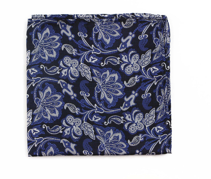 Mens Black, Navy & Silver Floral Silk Pocket Square