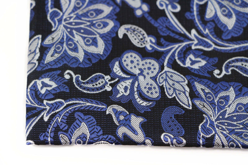 Mens Black, Navy & Silver Floral Silk Pocket Square