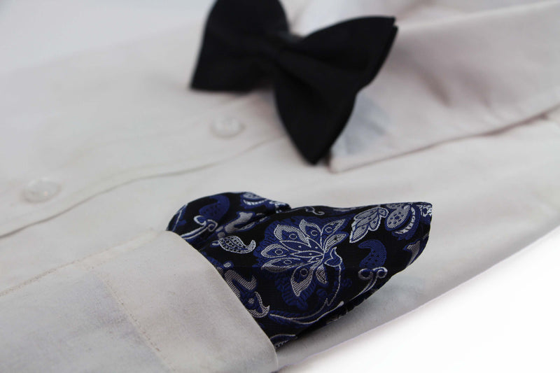 Mens Black, Navy & Silver Floral Silk Pocket Square