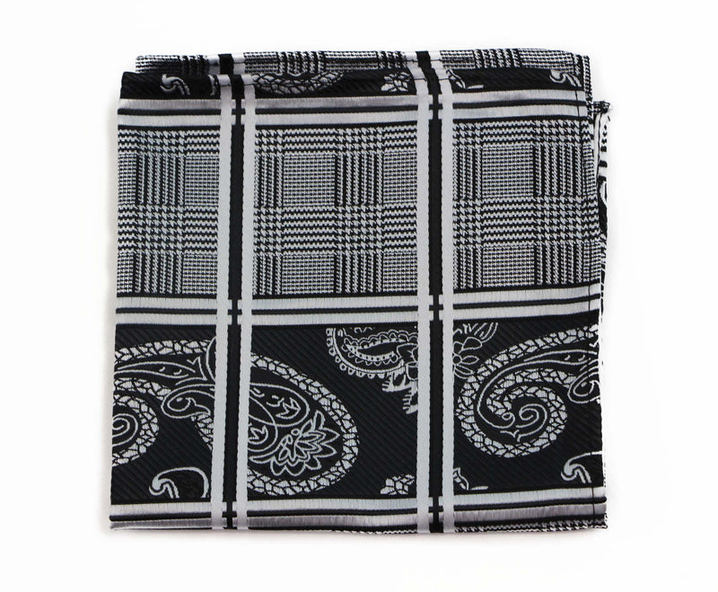 Mens Black, Silver & White Paisley Silk Pocket Square