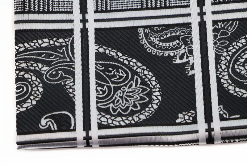 Mens Black, Silver & White Paisley Silk Pocket Square